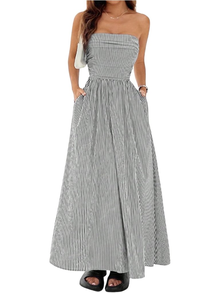 Women's Striped Strapless Maxi Dress Summer Casual Tube Top Long Dresses With Po